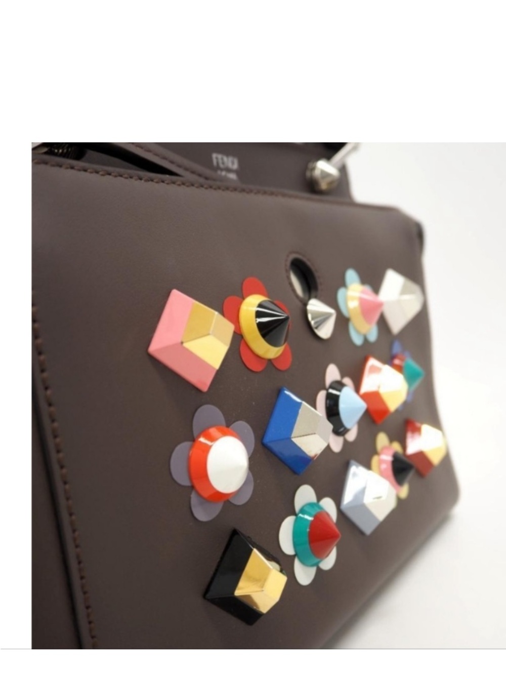 Fendi Authentic Brown Floral Studded Dotcom Leather Bag with Accents GC - Picture 3 of 9